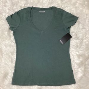 True Religion Women’s Green VNeck Black T-shirt Horseshoe at back Gold Buddha